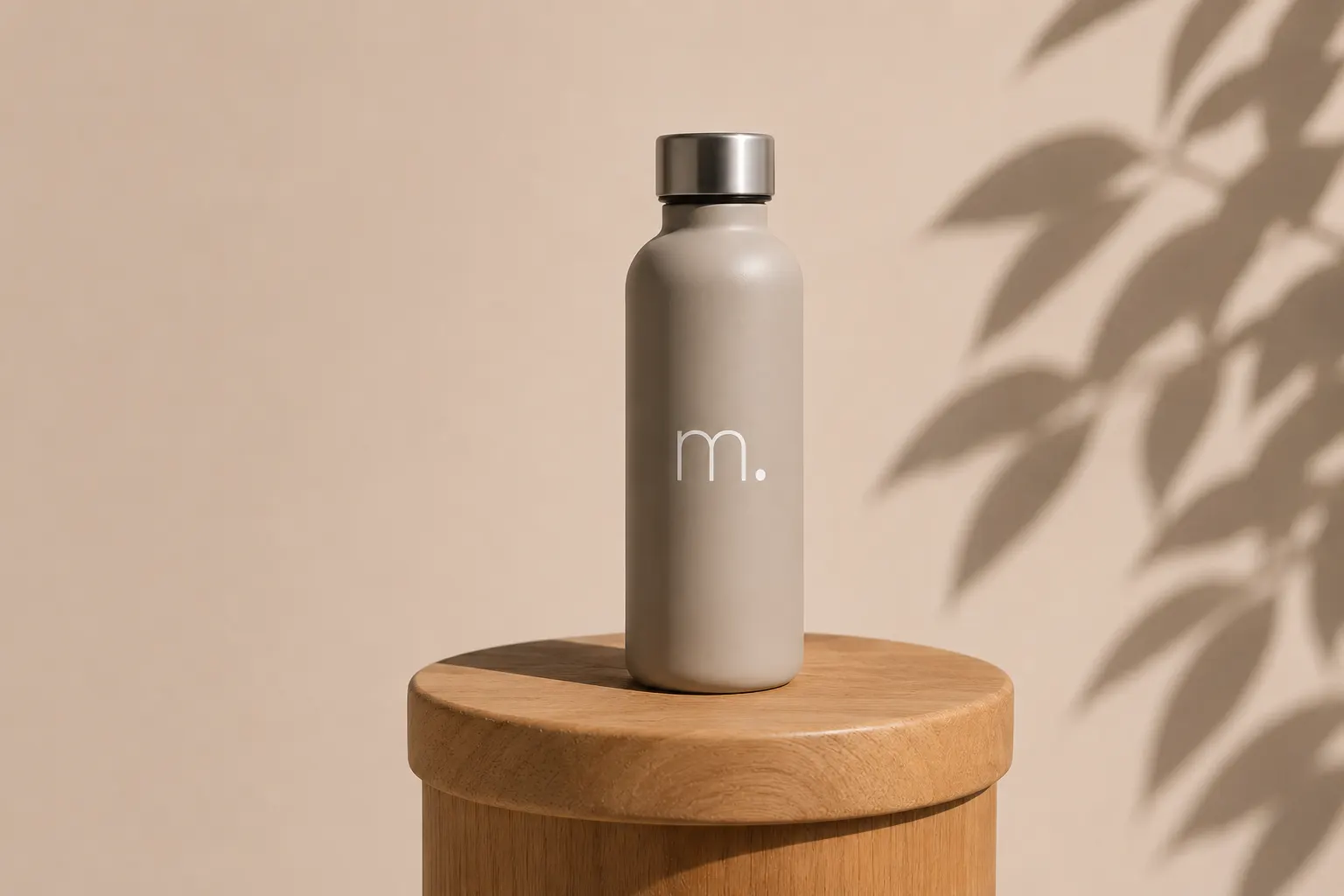 manari. Trinkflasche auf einem Holzhocker mit warmem Licht und Pflanzenschatten